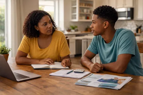 A parent and college-age student talking through education plans at home.
