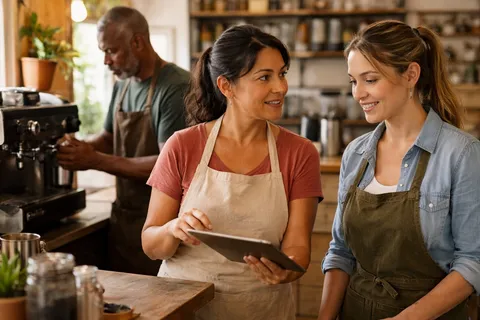 Employees inside a small business discussing work and training.