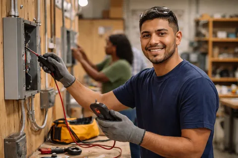 A worker developing hands-on technical skills in a training space.