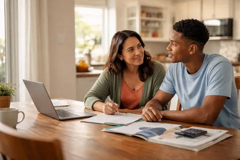 A parent and college-age student reviewing education options together at home.